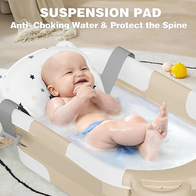 MoreFeel Collapsible Baby Bathtub for Newborn with Thermometer & 1 Hooded Towel & 1 Soft Floating Cushion,Portable Travel Bathtub with Drain Hole, Durable Foldable Baby Tubs for Infants to Toddler