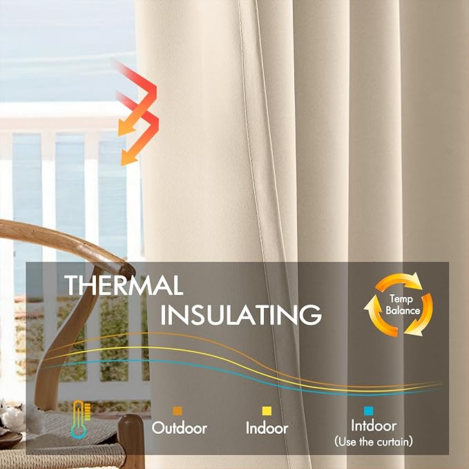 ANRODUO Back Tab Blackout Curtains for Bedroom Living Room, Rod Pocket Pinch Pleated Thermal Insulated Room Darkening Curtains 96 Inches Long 2 Panels, Cream Beige, 52 x 96 Inch