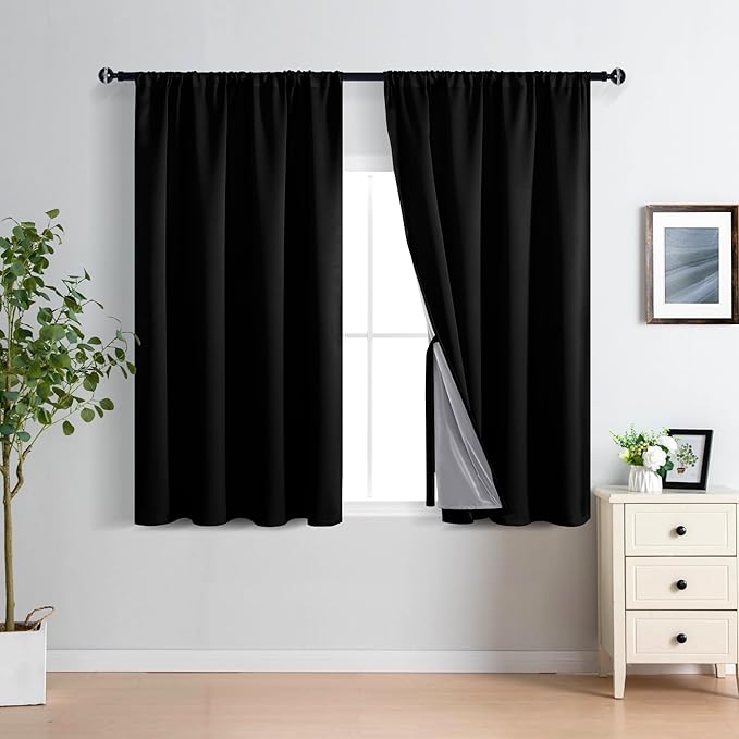 XWZO 100% Blackout Curtains 54 Inches Length with Tiebacks- Full Shade Window Drapes Thermal Insulated Double Layer with Black Liner for Bedroom/Living Room, Rod Pocket, Black, W52 x L54, Set of 2