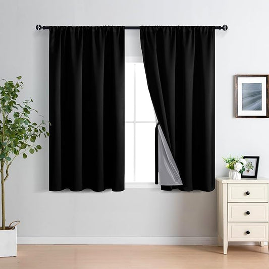 XWZO 100% Blackout Curtains 54 Inches Length with Tiebacks- Full Shade Window Drapes Thermal Insulated Double Layer with Black Liner for Bedroom/Living Room, Rod Pocket, Black, W52 x L54, Set of 2
