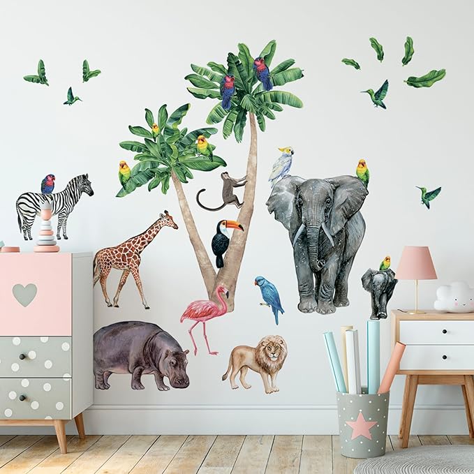 Safari Animal Wall Decals for Kids by Lipastick-Peel and Stick Jungle Stickers Giraffe, Elephant, Hippo, Palm Tree, Parrot for Toddlers Room, Nursery, Playroom, Classroom, Daycare Decor Art- S Size