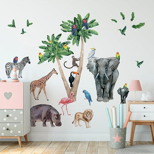 Safari Animal Wall Decals for Kids by Lipastick-Peel and Stick Jungle Stickers Giraffe, Elephant, Hippo, Palm Tree, Parrot for Toddlers Room, Nursery, Playroom, Classroom, Daycare Decor Art- S Size