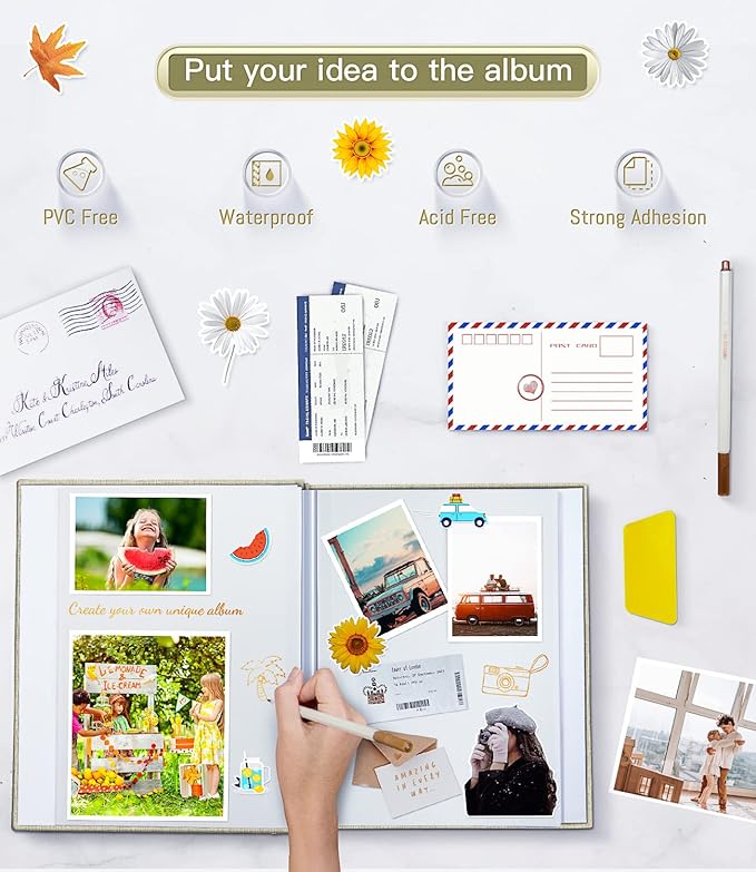 popotop Photo Album Self Adhesive with Picture Display Window,40 Pages DIY Scrapbooking Supplies Kit for 4x6 10x12 Picture,Linen Cover Memory Book for Baby Wedding, with Scraper and Metallic Pen