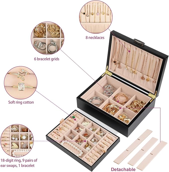 Small Jewelry Organizer for Women, 2-Layer Travel Jewelry Box with Portable Case, Necklace Ring Storage for Dresser, Girls Teens Gifts (Black)