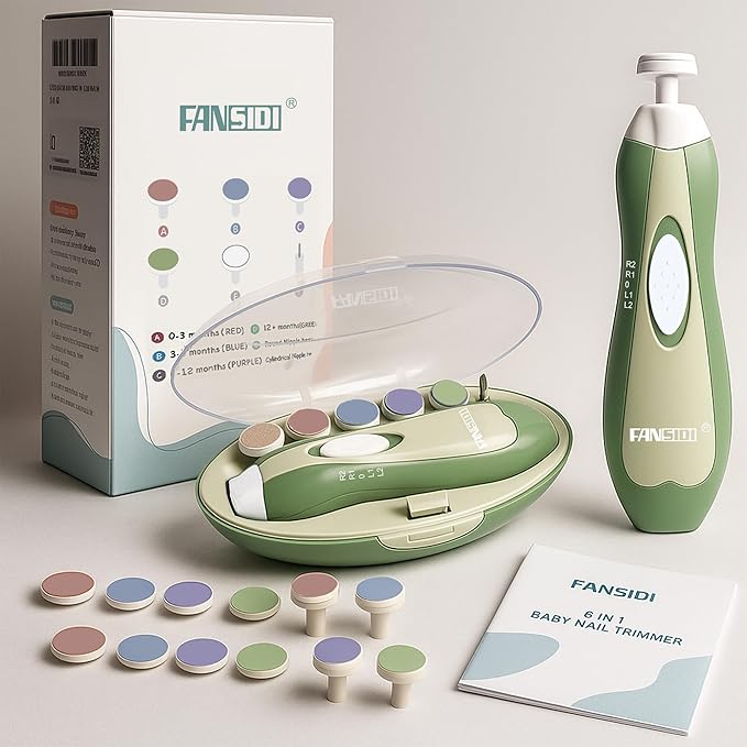 Fansidi Baby Nail Trimmer Electric – Limited Forest Serenity Green, Gentle Baby Nail File Electric| 10 Grinding Heads + 8 Replacement Pads| Quiet LED |Baby Nail Clippers for Newborn Infant Toddler