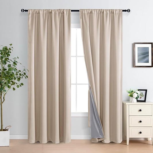 XWZO Full Blackout Curtains 84 Inches Long - Double Layer Full Room Darkening & Energy Efficiency Rod Pocket Window Panels with Tiebacks for Bedroom/Living Room, Biscotti Beige, W52 x L84, Set of 2