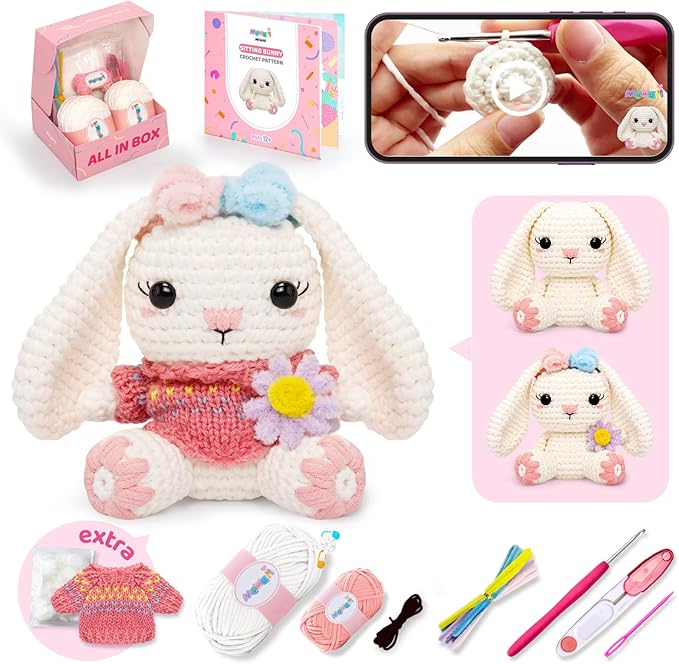 Mewaii Crochet Kit for Beginners Level 1 with 40% Extra Eco-Friendly Pre-Started Easy Yarn, Step-by-Step Video Tutorials for Adults and Kids (Sitting Bunny)
