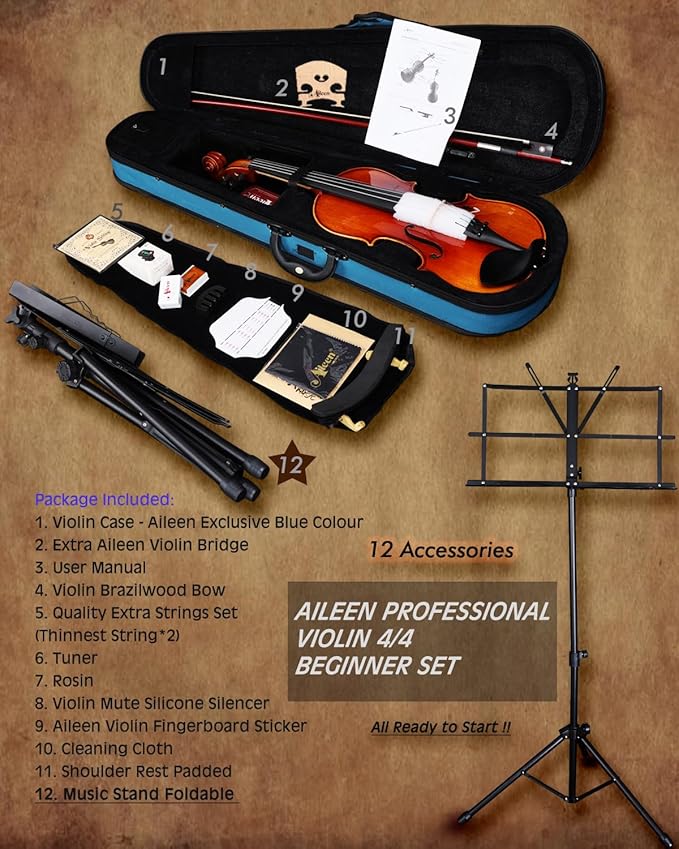 Aileen Solid Wood Violin 4/4 Full Size for Adults and Kids Age 12+, Fiddle Set for Beginners Student, Professional Violin Starter Kit with 12 Accessories (Selected European Solid Spruce and Maple)