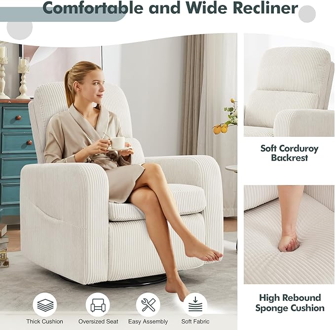 Swivel Rocker Recliner, Oversized Manual Nursery Glider Rocking Recliner Chair with Removable Cushion, Upholstered Swivel Reclining Chair for Nursery Living Room Bedroom, Corduroy White