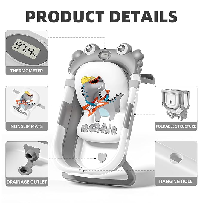Collapsible Baby Bathtub for Newborns to Toddler with Real-time Temp Monitor & Floating Cushion,Portable Travel Tub for 0-36 Month, Foldable Baby Bath Tub for Infants Boy (Grey)