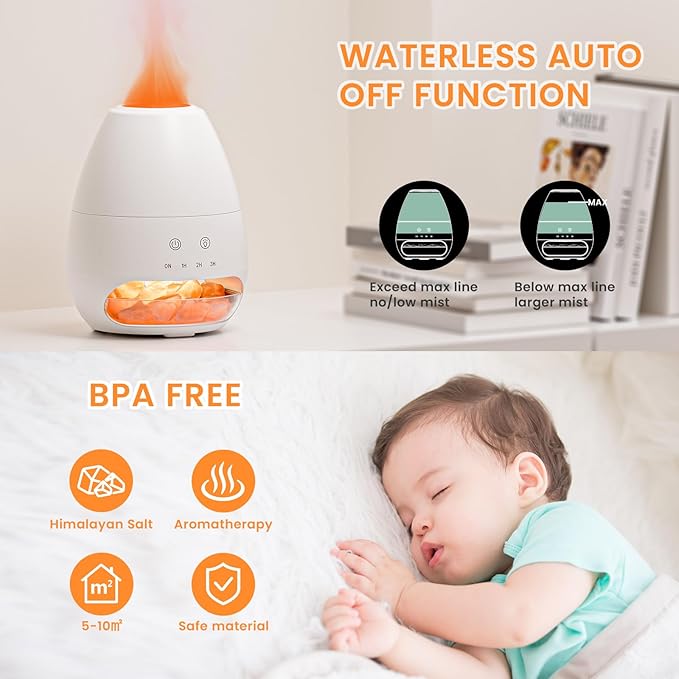 Ultrasonic Essential Oil Diffuser with Himalayan Salt Rock,Flame Oil Diffuser with 2 Color Light,Small Aromatherapy Oil Diffuser with Auto Off Function for Home, Office,Spa,100ML