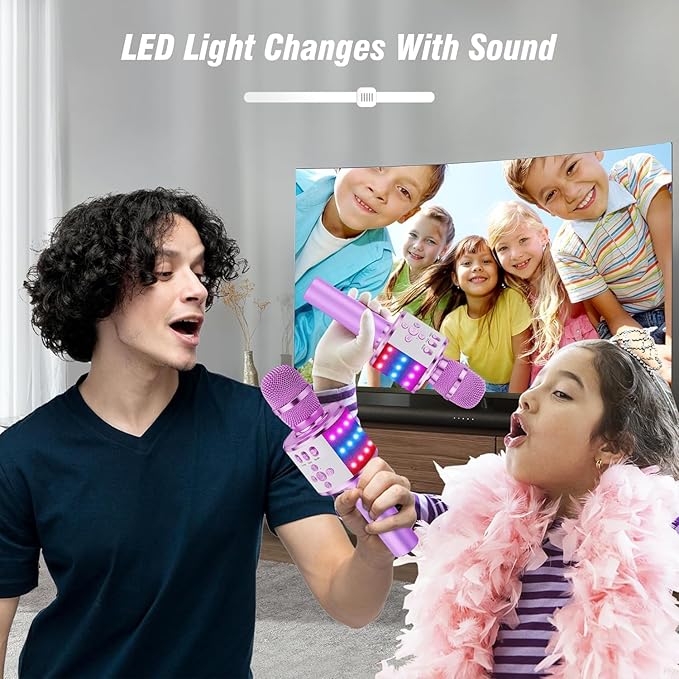 BONAOK Karaoke Microphone for Kids & Adults - Bluetooth Microphones Singing Mic with Disco Lights, Echo Effect, Built-in Speaker Portable Karaoke Player for Party Travel Gifts Q78(Light Purple)