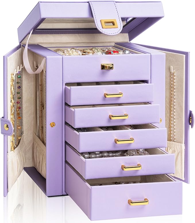 AKOZLIN Jewelry Box Organizer Functional Leather Jewelry Storage Case for Women Girls Ring Necklace Earring Bracelet Holder Organizer with Mirror Purple