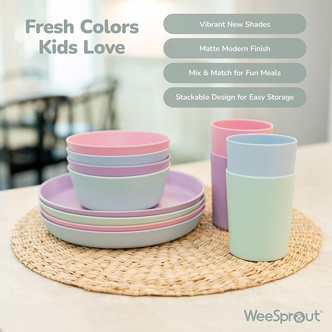 WeeSprout Bamboo Kids Bowls, Set of Four 10 oz Kid-Sized Bamboo Bowls, Dishwasher Safe Kid Bowls (Pastel Blue, Mint, Purple & Pink)