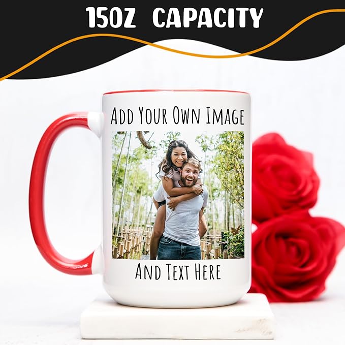 Personalized Coffee Mug 15 Oz, Custom Picture Text or Logo Ceramic Mug, Customized Gift for Men & Women, Taza Personalizada with Photo and Words, Customizable Large Tea Cup | White - Red