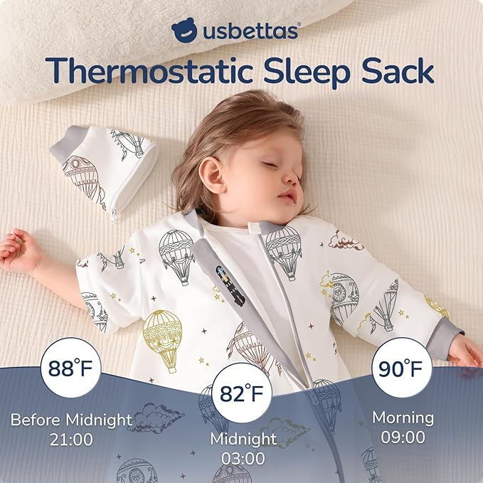 Baby Sleep Sack 6-12 Months, Cotton Detachable Long Sleeve Sleep Sack, 2.5 Tog Toddler Sleeping Sack with Temperature Strips, 2-Way Zipper Wearable Blankets for Newborns, Hot Air Balloon