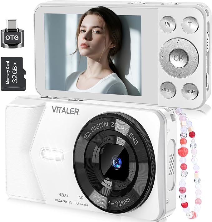 Digital Camera, Autofocus 48MP 4K Camera for Photography with 32GB Card, Portable Compact Point and Shoot Digital Camera for Teens Adult Beginner Kids with Metal Shell, 2000 mAh Battery