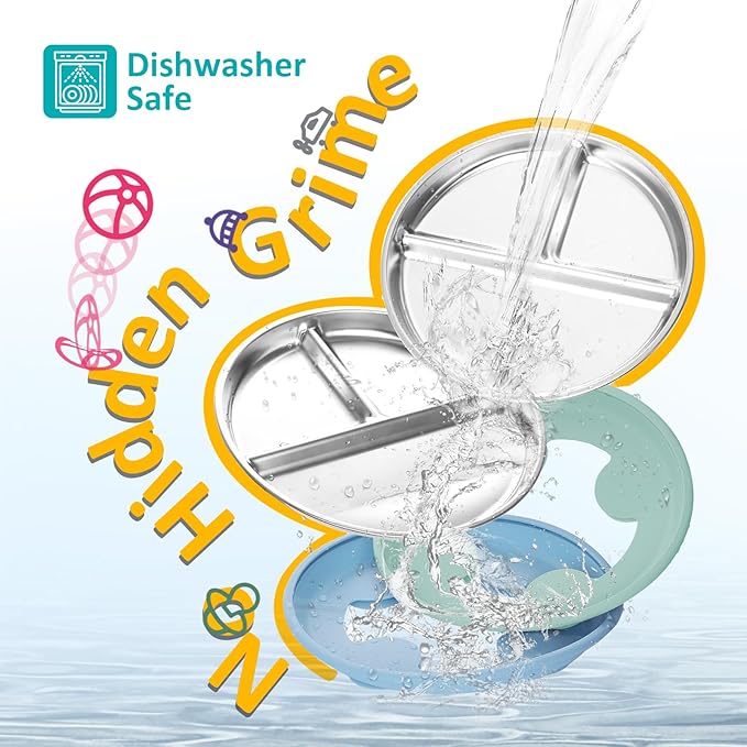 Stainless Steel Toddler Plate with Suction, 9” Divided Plates with Removable Silicone Sleeves for Kids, Non Toxic & BPA Free | Non Slip | Unbreakable Baby Snack Dishes Set of 2, Blue & Sage