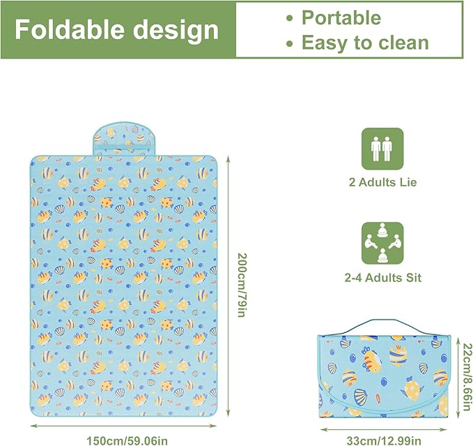 UDEAR Foldable Picnic Blanket,80"x60" Waterproof, Sandproof, Portable with Tote Bag for Beach, Park, Camping, and Travel,Blue