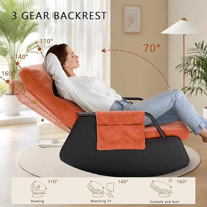 Rocking Chair for Nursery, Modern Upholstered Plush Seating Glider Recliner Chair with High Backrest and Side Pocket, Accent Armchair with Cushions for Living Room/Reading (Burnt Orange)