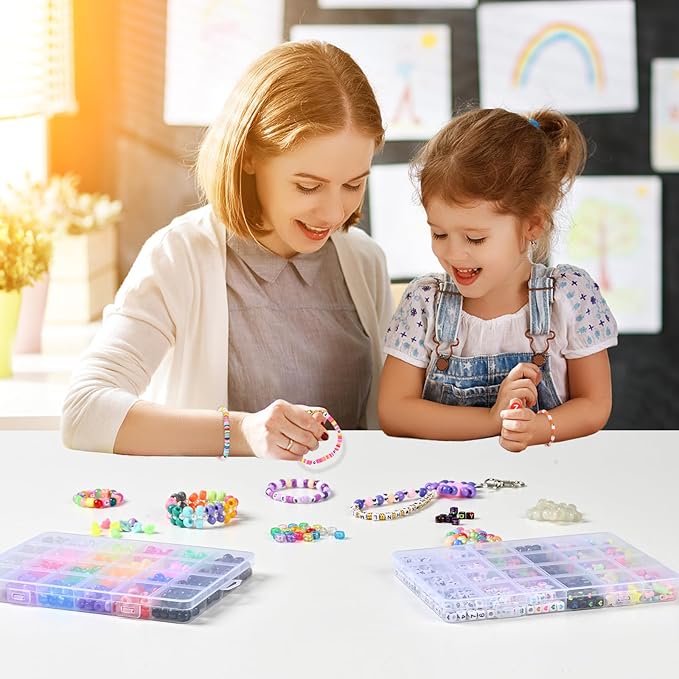 5 Boxes Bracelet Making Kit Pony Beads, 6x9mm Kandi Rave Beads & Hair Beads Set with UV Color Changing, Glow-in-Dark, Chrome & Alphabet Letters for Friendship Jewelry DIY Crafts