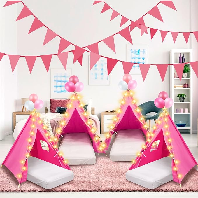 2 Pack Kids Teepee Tent with Mattress,Fitted Sheet,Light String,Washable Natural Cotton Toddler Play Tent for Girls Boys Indoor Outdoor Sleepover Slumber Birthday Party(Rose Red)