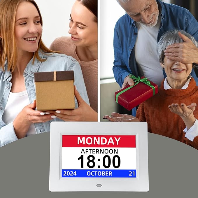 Digital Calendar Alarm Clock for Seniors - 7" Large Display with Day/Date, 12 Custom Alarms & Auto-Dimming | Medication Reminder, Dementia-Friendly Design, Easy Read (White)