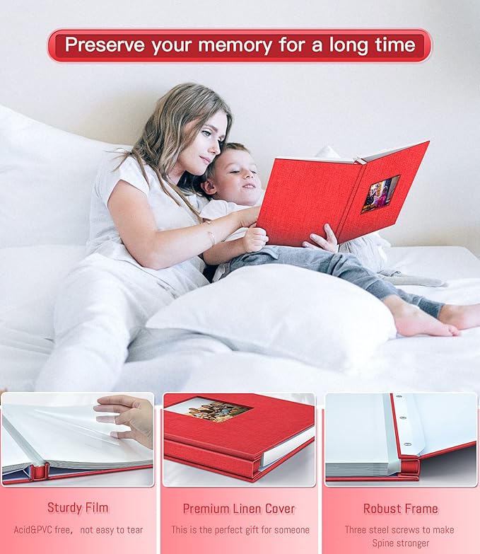 popotop Photo Album Self Adhesive with Picture Display Window,60 Pages DIY Scrapbooking Supplies Kit for 4x6 8x10 Picture,Linen Cover Memory Book for Baby Wedding, with Scraper and Metallic Pen