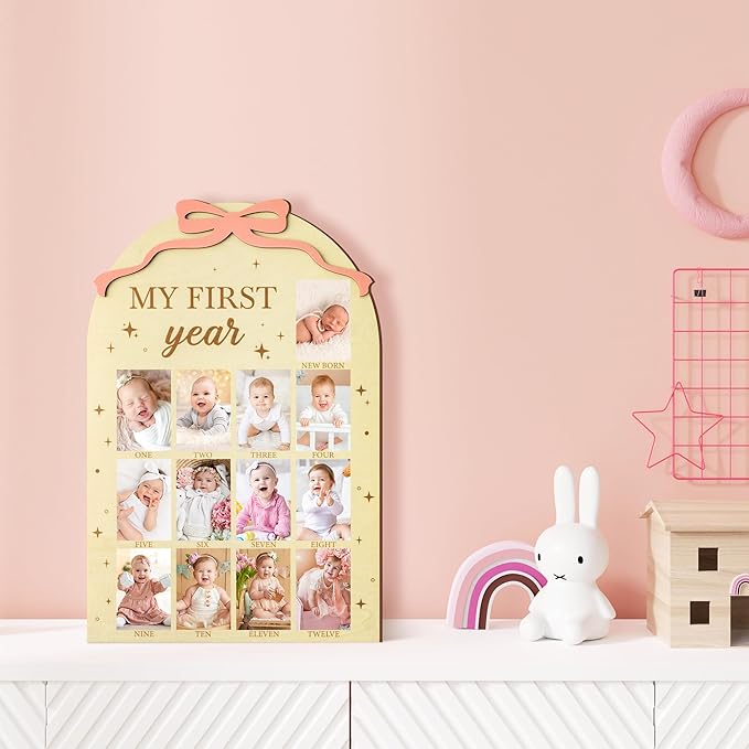 R HORSE My First Year Photo Frame Board, 3D Coquette Pink Bow Display Wood Board, Baby’s First Year 12 Months Milestone Sign 1st Birthday Frame Nursery Decor Keepsake Gift for Boy Girl