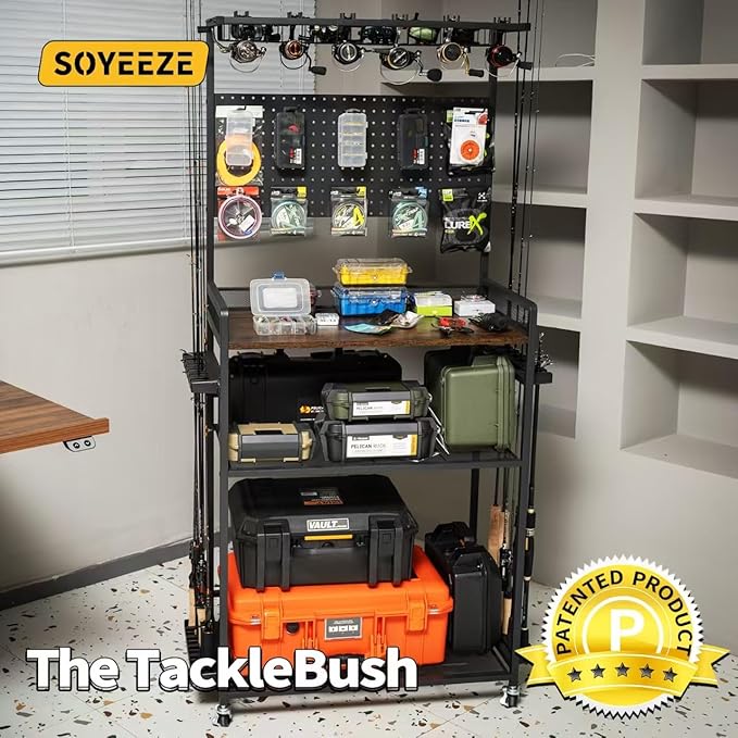 SOYEEZE Fishing Rod Holders for Garage,Fishing Gear Holder for Fishing Rod Tackle Box Storage，Fishing Pole Holders for 12 Rods with Hooks and Pegboard,Fishing Cart with Reel Rack