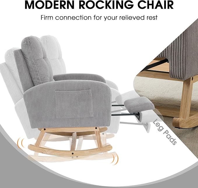 NIOIIKIT Nursery Rocking Chair, Corduroy Upholstered Rocking Chair with Adjustable Footrest, Tufted Rocker Chair with Side Pocket, Glider Rocker for Living Room, Bedroom (Gray Retro)