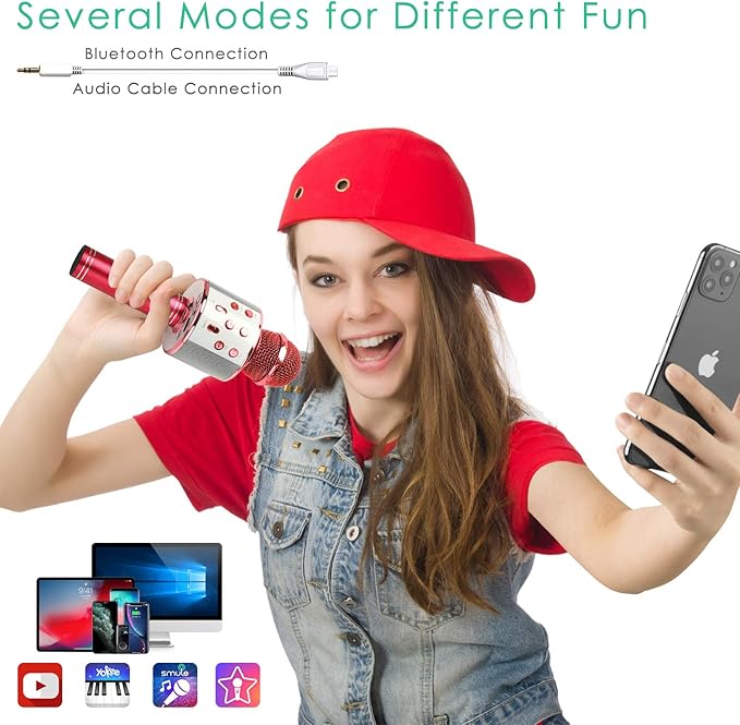 KIDWILL Wireless Bluetooth Karaoke Microphone for Kids, 5-in-1 Portable Handheld Karaoke Mic Speaker Player Recorder with Adjustable Remix FM Radio for Kids Girls Boys Teens Birthday (Red)