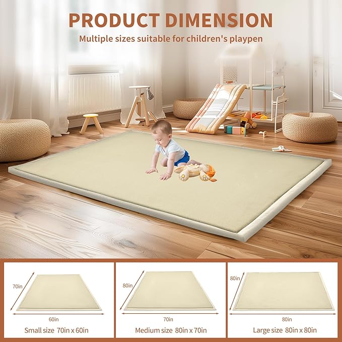 SUNYRISY Baby Play Mat for Floor 60 x 70in, 1.4in Thick Memory Foam Padded Play Mats Baby Rug, Soft Velvet Infants Toddler Kids Crawling Mat for Nursery, Non-Slip Bottom, Beige