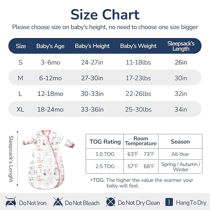 Baby Sleep Sack 12-18 Months, Cotton Detachable Long Sleeve Sleep Sack, 1.0 Tog Toddler Sleeping Sack with Temperature Strips, 2-Way Zipper Wearable Blankets for Newborns, Bunny