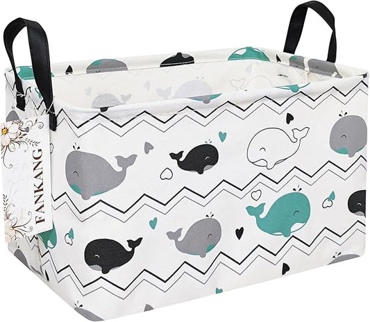 FANKANG Storage Bins, Nursery Hamper Canvas Laundry Basket Foldable with Waterproof PE Coating Large Storage Baskets for Kids Boys and Girls, Office, Bedroom, Clothes,Toys(Rec-whales ）
