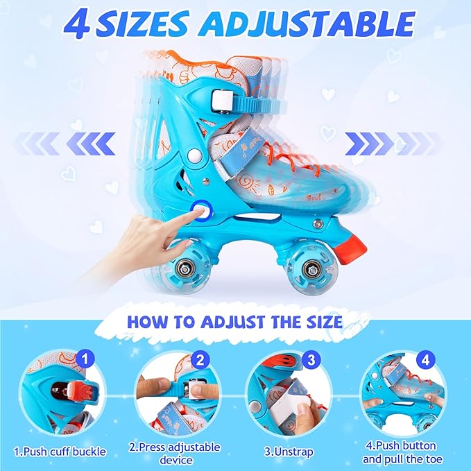 Rainbow Toddler Roller Skates - Size 4 Adjustable | Light Up Quad Skates for Girls & Boys Beginners Aged 3-12