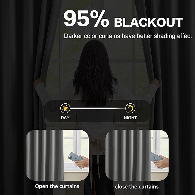Blackout Bedroom Curtains 72 Inches Long 6 Ft Length, Summer Heat Thermal Insulated Pinch Pleated Vertical Drapes Cute Black Out Window Drapes for Bedroom/Living Room(Grey,40"x72"x2 Panels)