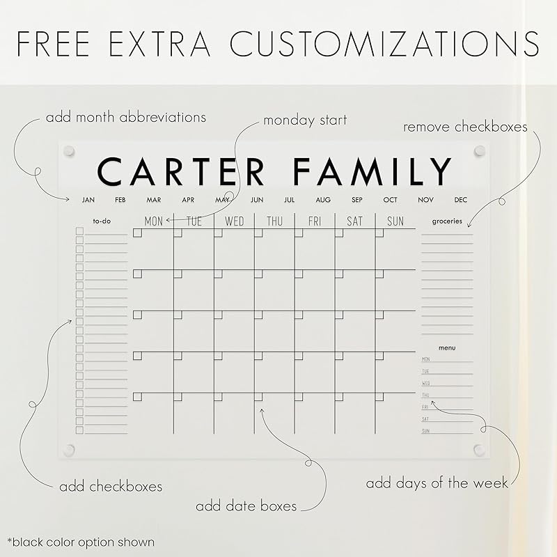 Personalized Clear Acrylic Calendar for Wall, Calendar Whiteboard for Wall, Dry Erase Wall Calendar, Wall Calendar Organizer System for Home (Block, Jade, 14"W x 11"H)