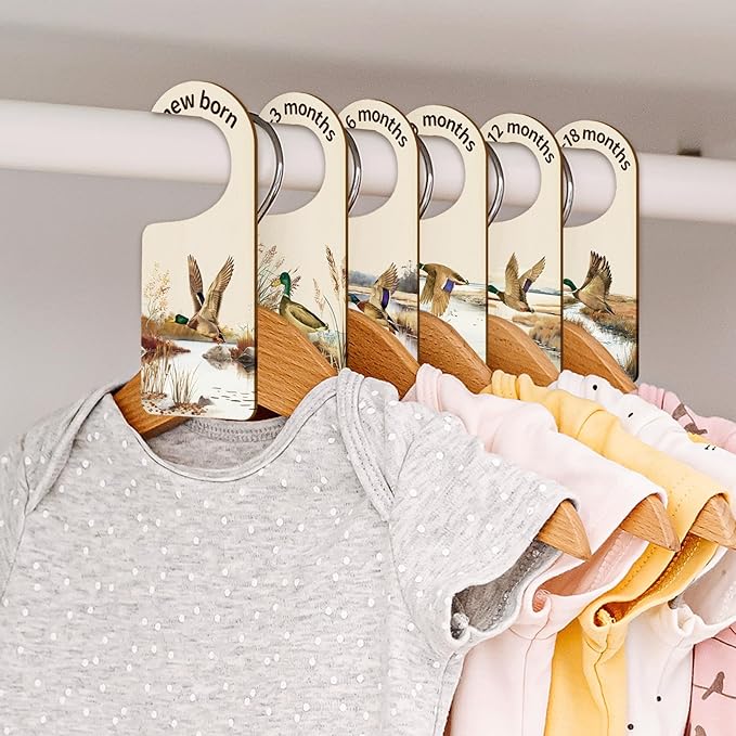 Whaline 8Pcs Baby Closet Size Dividers - Watercolor Mallard Duck Hanging Wood Organizer for Newborn to 24 Months - Thicken Wardrobe Organizer