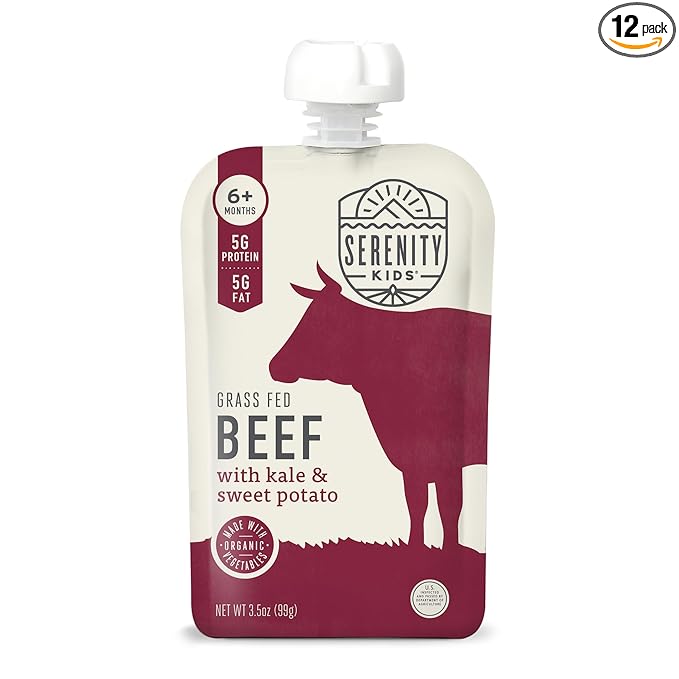 Serenity Kids 6+ Months Baby Food Pouch Puree - Grass Fed Beef, Kale & Sweet Potato - Ethically Sourced Meat & Organic Veggies - BPA-Free, 3.5 Ounce, 12 Count