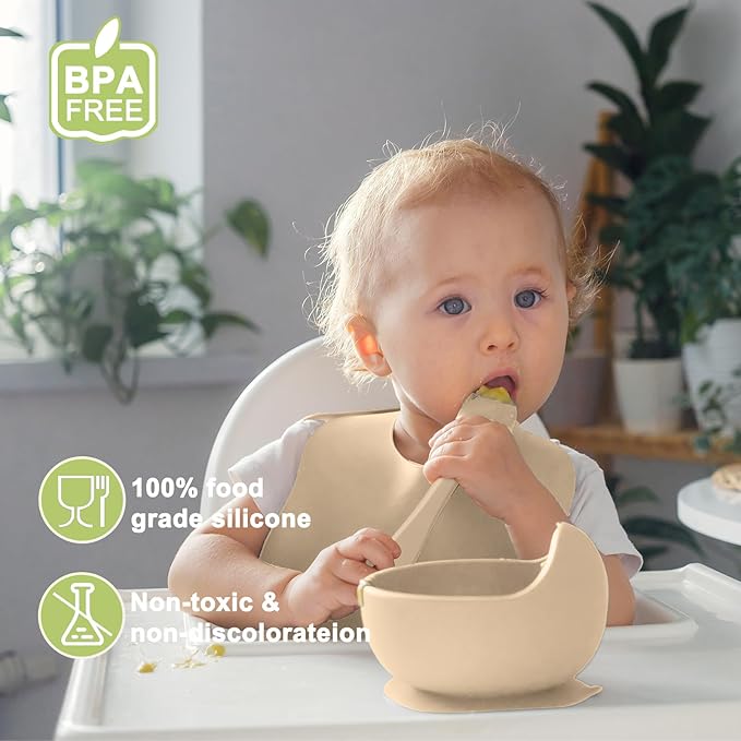 Silicone Baby Feeding Set | Baby Led Weaning Supplies Includes Suction Bowls and Divided Plates, Adjustable Bib, Baby Utensils Spoons and Forks,Cup | Baby Feeding Essentials (Beige)