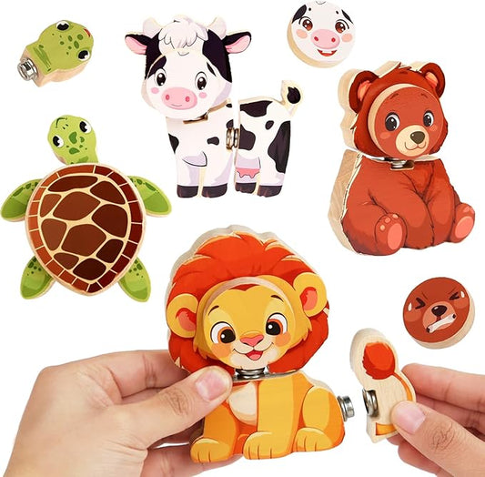 HUZU Animal Snap Wooden Building Blocks – Fun & Educational Puzzle Toy for Kids Aged 3-8, Features Cow, Bear, Lion and Turtle, Matching Game with Interchangeable Animal Faces & Emotions