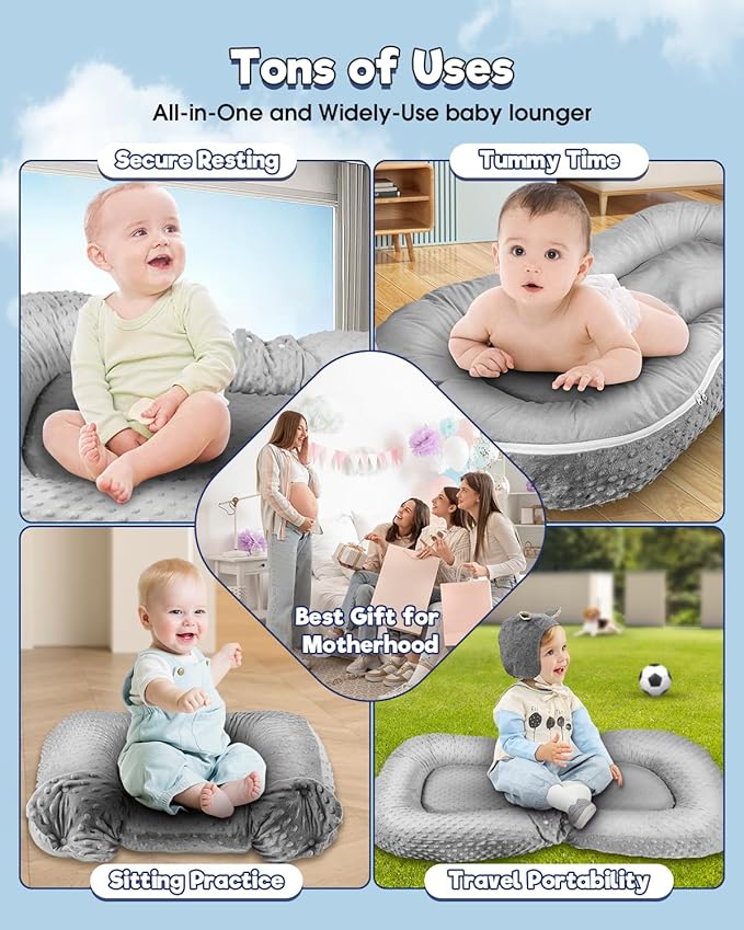 Baby Lounger Pillow : 3-in-1 Infant Lounger for Newborn 0-24 Months, Portable Tummy Time Mat for Home and Travel, Breathable & Soft Baby Seat for Baby, Babies Essentials Gifts, Grey
