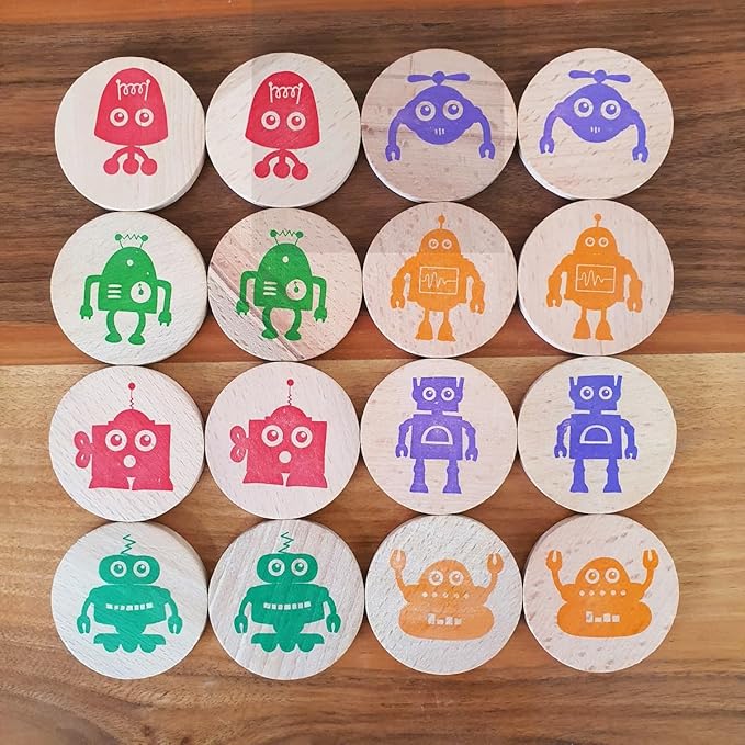 bee smart Wooden Memory Game - Matching Memory Game for Kids 3 and Up, 16Pcs | Educational Toy for Preschool Toddlers Board Games (Robots)
