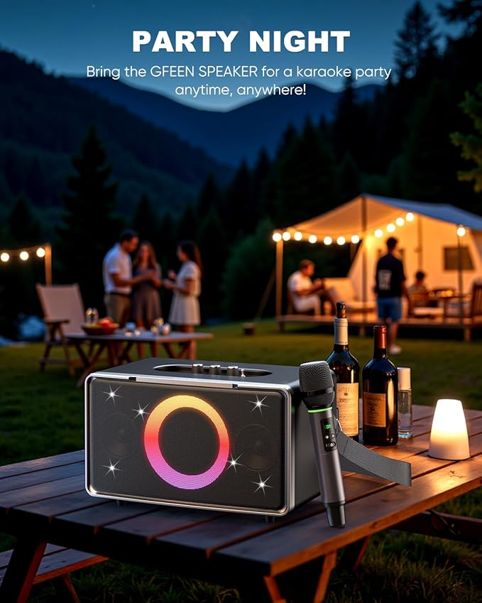 GFEEN Portable Bluetooth Speaker: 200W Peak, 15H Playtime, Wireless Speakers with Microphone, 5″ Subwoofer, Loud Sound, Light Show, Fast Charging for Outdoor, Party, Backyard(Silver with 1Mic)
