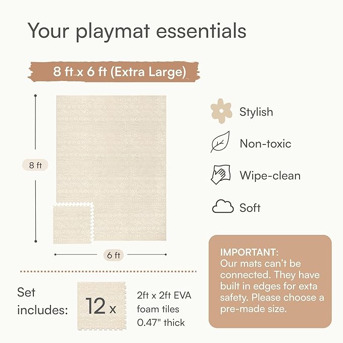 Baby Play Mat for Floor – 6x8ft Beige | Soft Non Toxic Premium EVA Foam Tiles for Tummy Time, Crawling & Playroom – Waterproof Interlocking Floor Mat for Babies & Toddlers by Lillefolk (12 Tiles)