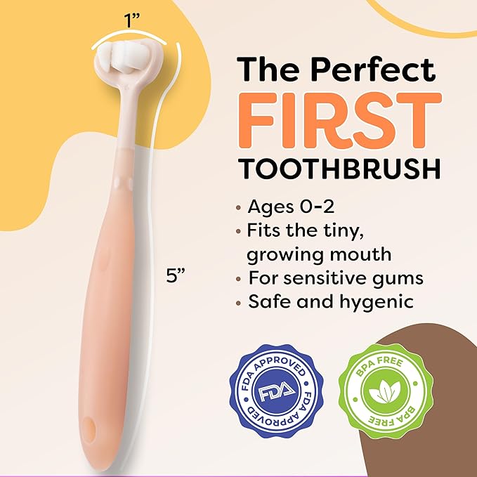 Trueocity Extra Soft Toddler Toothbrush, Toddler Toothbrushes 1-2 2-4, Toothhugger High Efficient 3 Sides Baby Toothbrush 12 Months and Up, Infant Training Brush, 10,000 Ultra-Soft bristles (Apricot)