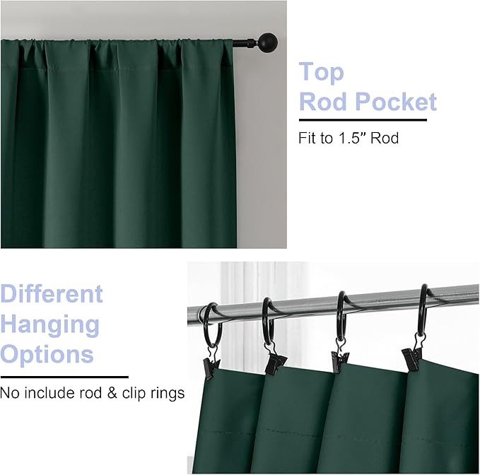 Simplebrand Ava Ever Green Blackout Curtains for Bedroom 96 Inches Long 2 Panels, Thermal Insulated, Energy Saving Living Room Window Treatment Curtains Blackout Drapes, W40 x L96 Inch, Ever Green