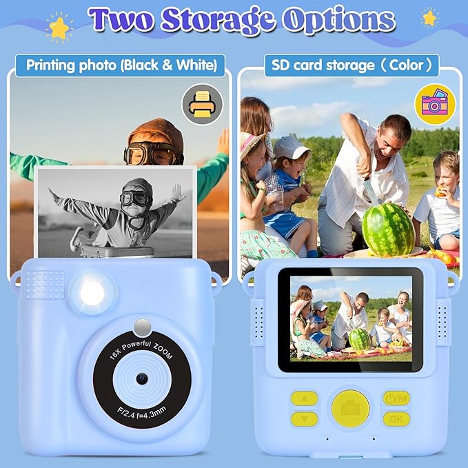 Instant Print Camera for Kids - 2.4 Inch Kids Camera Instant Print with Paper & 32G Card- Digital Children Toys as Christams Birthday Gifts for Girls Boys Age 3-12 - Blue