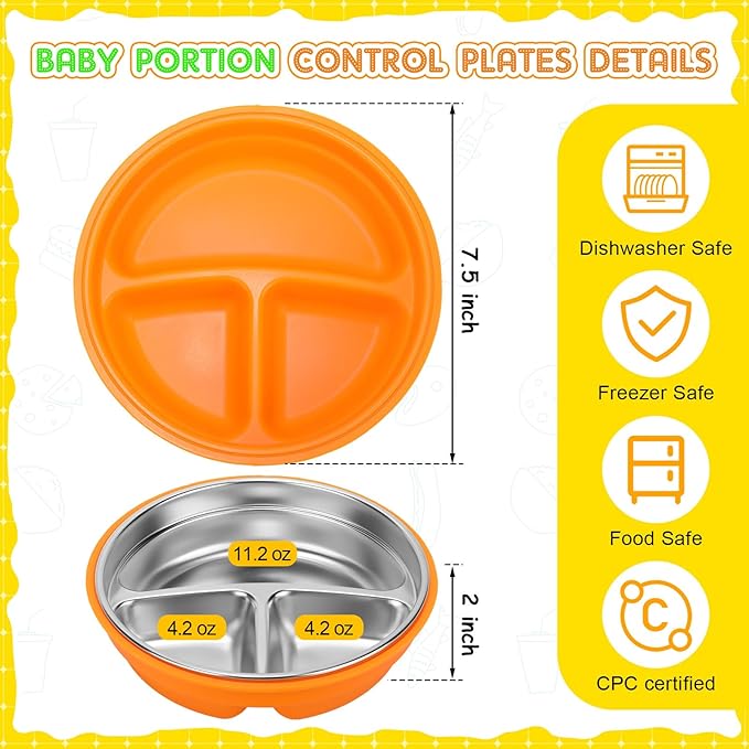 Nuogo 2 Pcs Stainless Steel Baby Suction Plates with Removable Silicone Shell 2-in-1 Metal Toddler Bowl Divided for Picky Eaters Kids Feeding Led Weaning Supplies, Dishwasher Safe (Yellow,Orange)